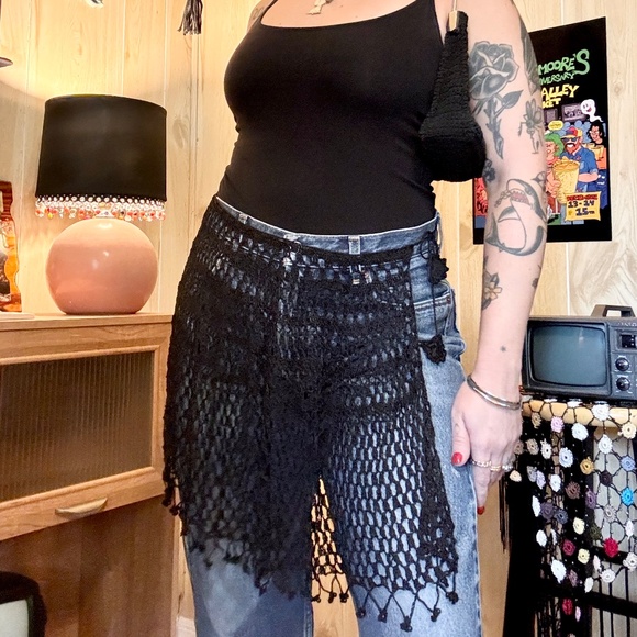 Vintage Black Crochet Bead Fringe Wrap 90s 2000s - Picture 4 of 9